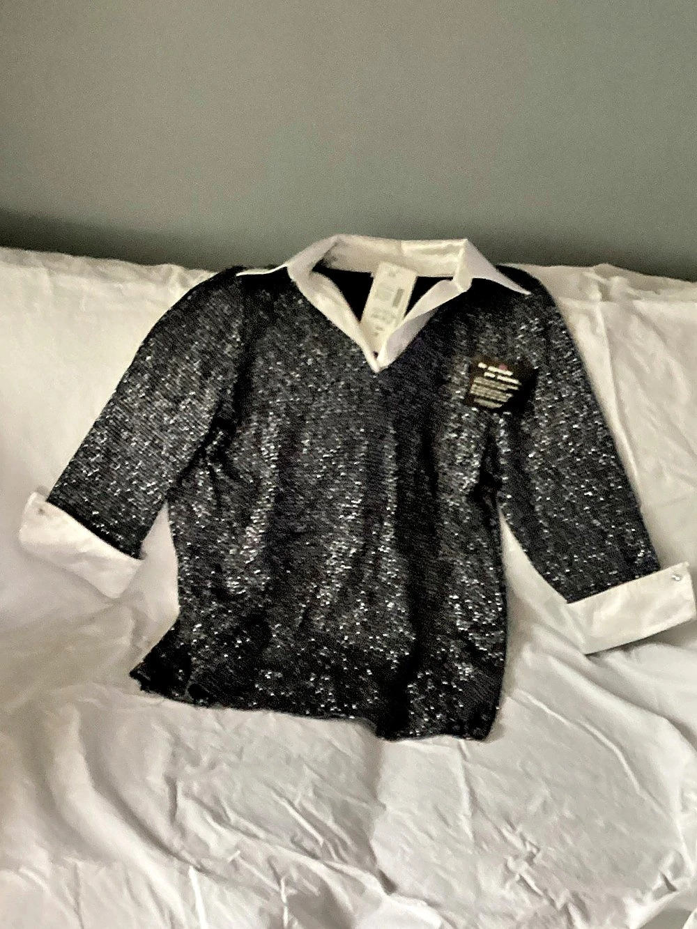 White House Black Market Puff Sleeve Tweed Top Black & White